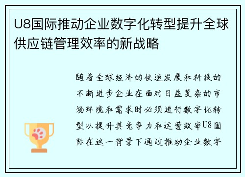 U8国际推动企业数字化转型提升全球供应链管理效率的新战略